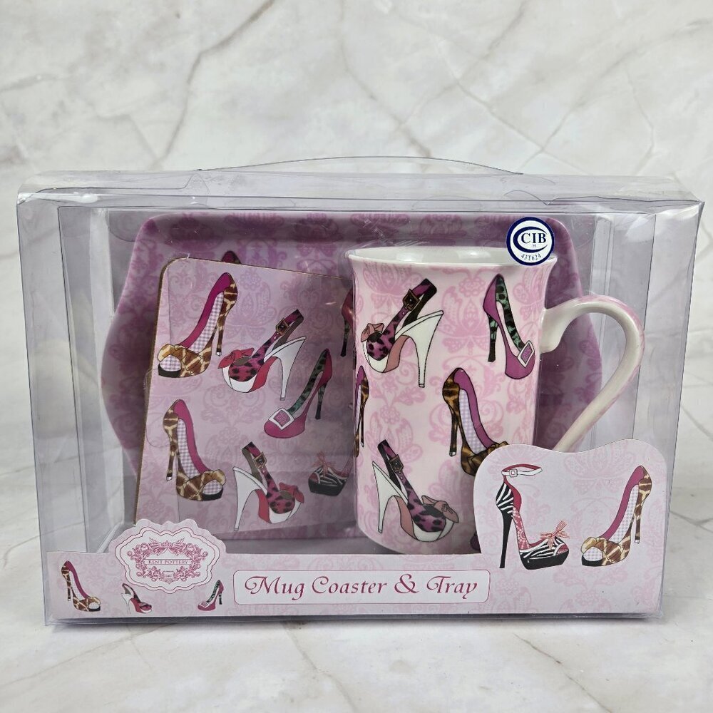 Set of Coffee Mug, Coaster & Tray Pink with High Heel Graphics Pattern NWT
